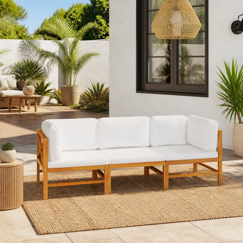 3-Seater Garden Sofa Outdoor Use Solid Teak Wood Cream Cushions