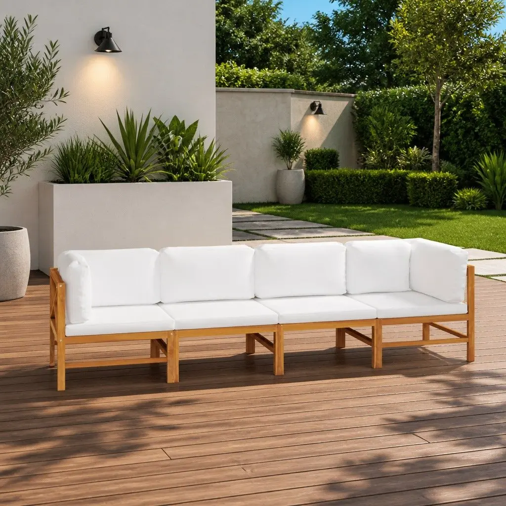 4-Seater Garden Sofa Outdoor Lounge Couch Teak Wood Cream