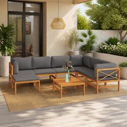Garden Lounge Set 8 Piece Outdoor Furniture Teak Wood Grey Cushions Patio Sofa