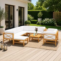 10-Piece Garden Lounge Set: Teak Wood and Cream Cushions