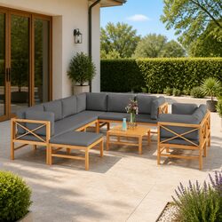 10 Piece Outdoor Lounge Set: Teak Wood & Grey Cushions