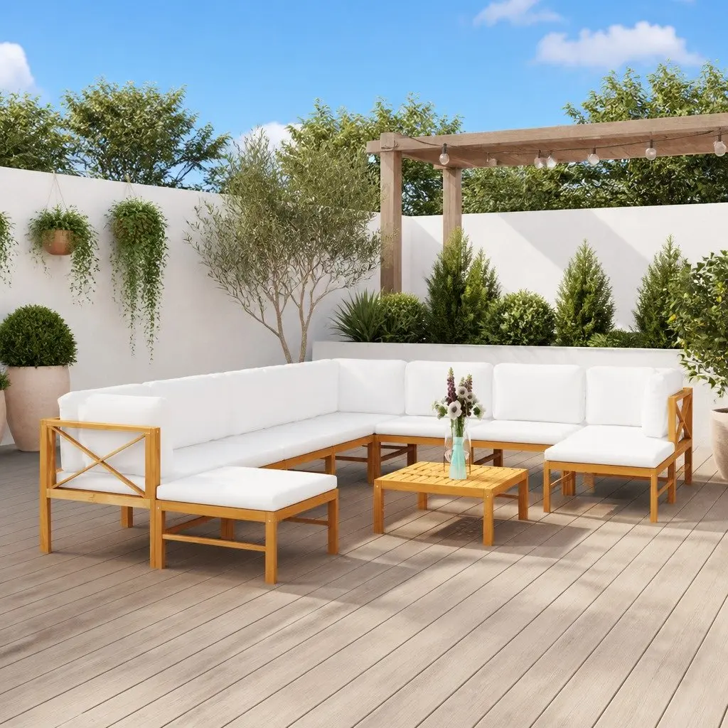 11 Piece Teak Wood Garden Lounge Set with Cream Cushions for Patio and Outdoor Use