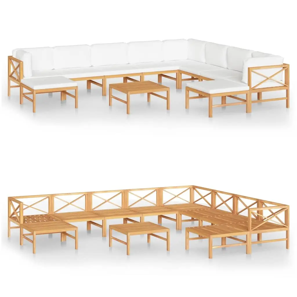 11 Piece Teak Wood Garden Lounge Set with Cream Cushions for Patio and Outdoor Use
