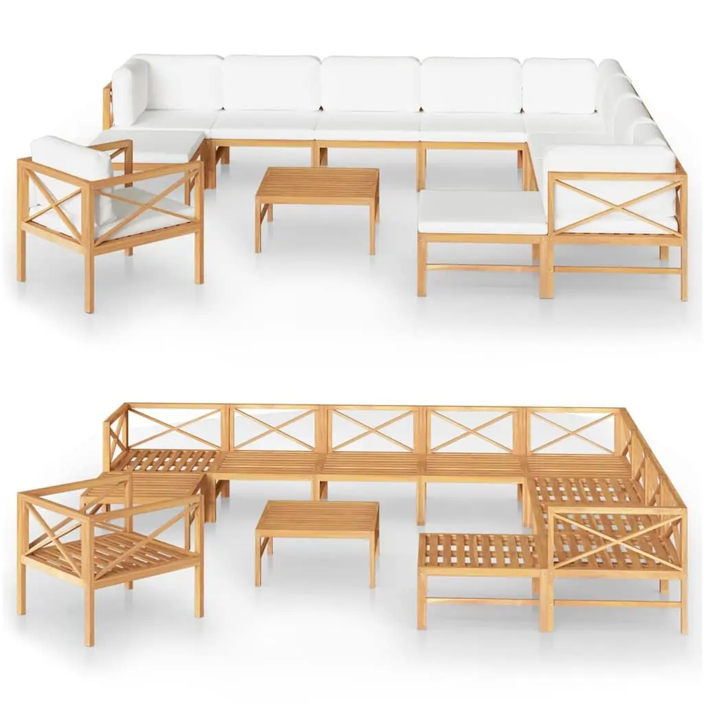 Garden Lounge Set Outdoor Furniture Teak Wood Cream Cushions 12 Piece
