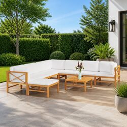 9 Piece Garden Lounge Set: Teak Wood with Cream Cushions