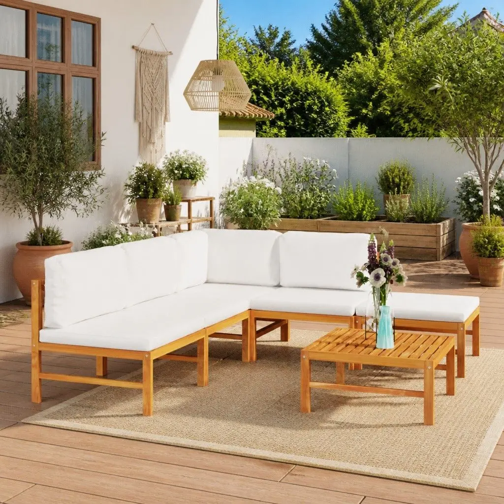 Garden Lounge Set Outdoor Furniture 6 Piece Patio Seating Cream Cushions Teak