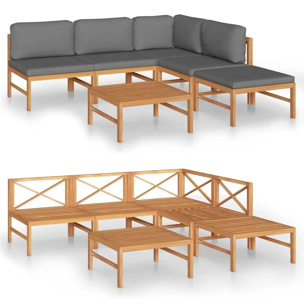 Garden Lounge Set Outdoor Furniture 6 Piece Teak Wood Grey Cushions Patio