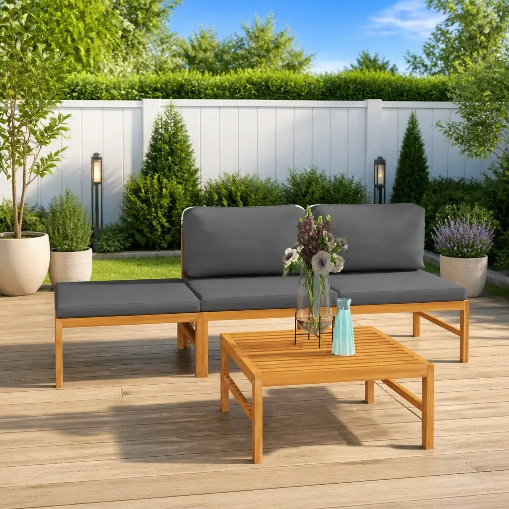 Garden Lounge Set Outdoor Furniture Teak Wood Grey Cushions 4 Piece