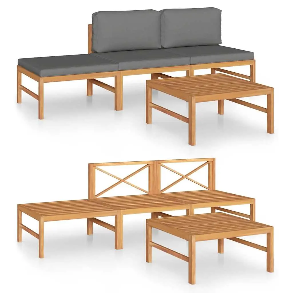 Garden Lounge Set Outdoor Furniture Teak Wood Grey Cushions 4 Piece