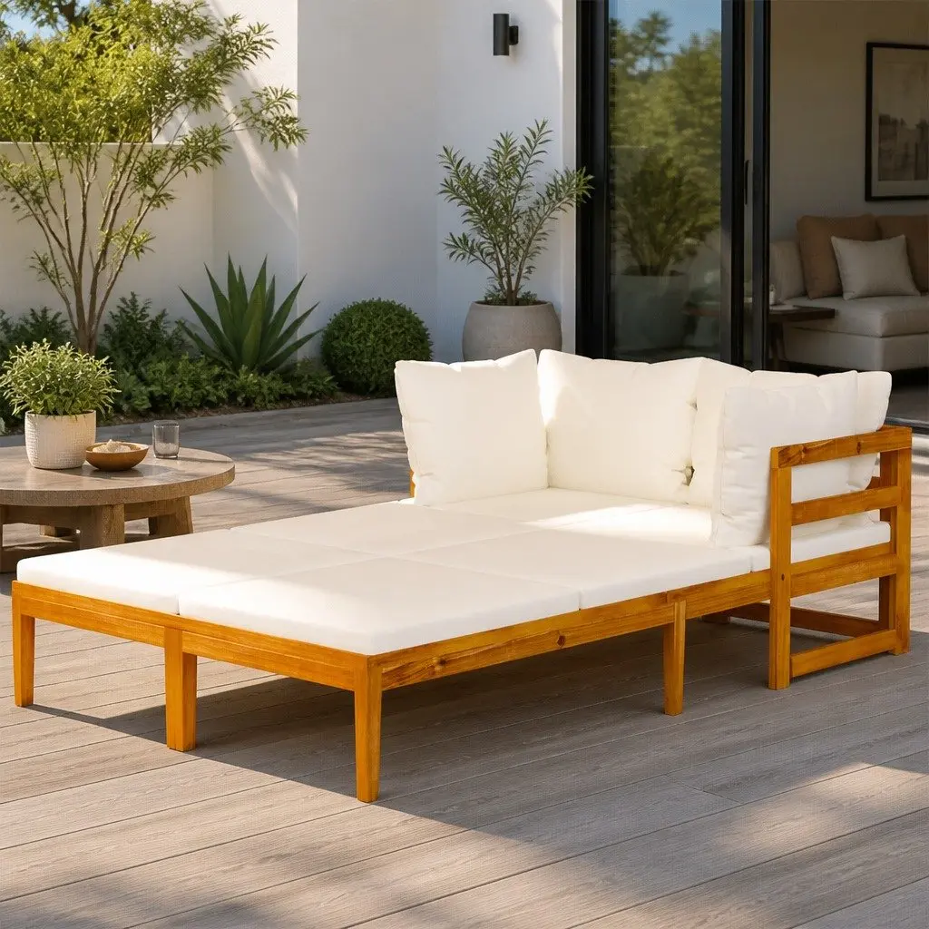 Outdoor Sun Lounger Chair Acacia Wood Sunbed with Cream Cushion Set of 2