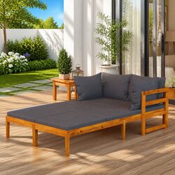 Outdoor Sun Loungers Pair Dark Grey Cushions Acacia Wood Garden Sunbed Furniture