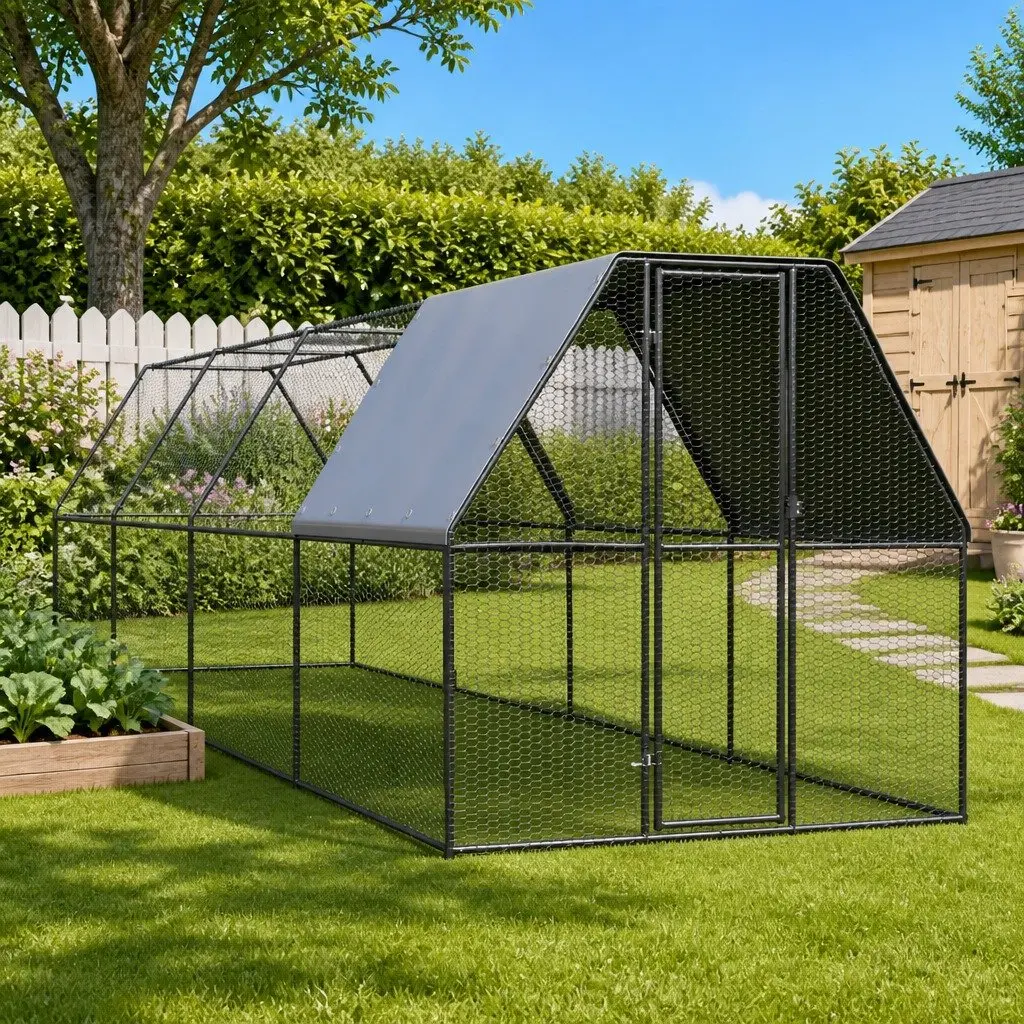 Chicken Run Enclosure Outdoor Use Galvanised Steel 2m x 8m with Water Resistant Roof