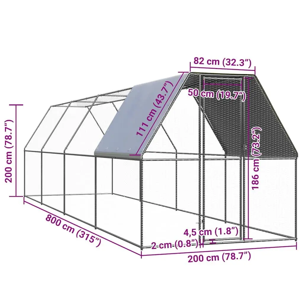 Chicken Run Enclosure Outdoor Use Galvanised Steel 2m x 8m with Water Resistant Roof