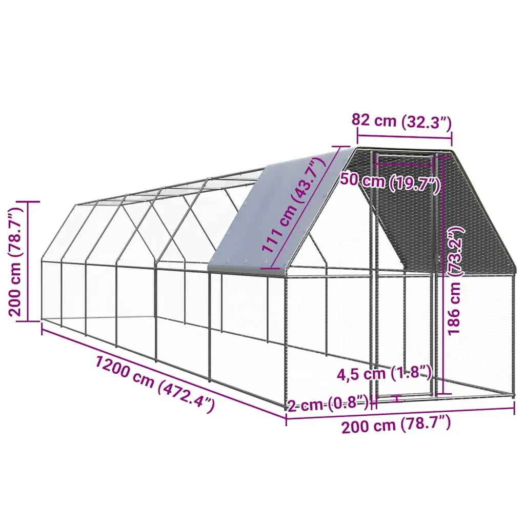 Outdoor Chicken Run 2x12x2m Galvanised Steel Enclosure for Poultry and Birds