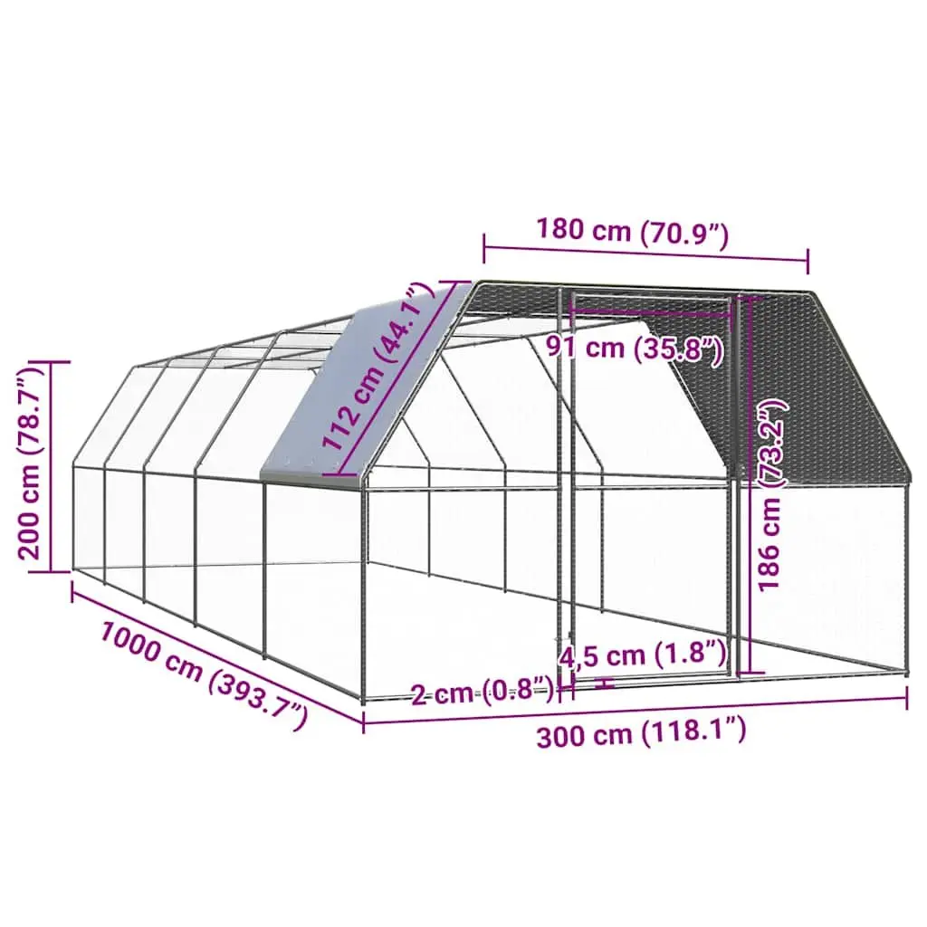 Outdoor Chicken Cage 3x10x2m Galvanised Steel Aviary Run Enclosure Small Animals