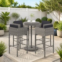 5 Piece Garden Bar Set: Grey PE Rattan with Cushions