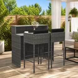 3 Piece Garden Bar Set Outdoor Poly Rattan Cushioned Stools Table Grey Furniture