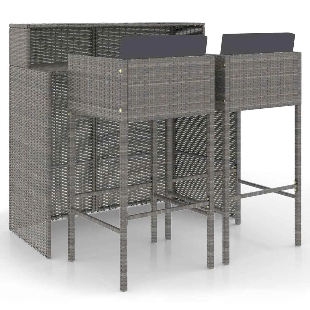 3 Piece Garden Bar Set with Cushions Outdoor Poly Rattan Table Stools Grey