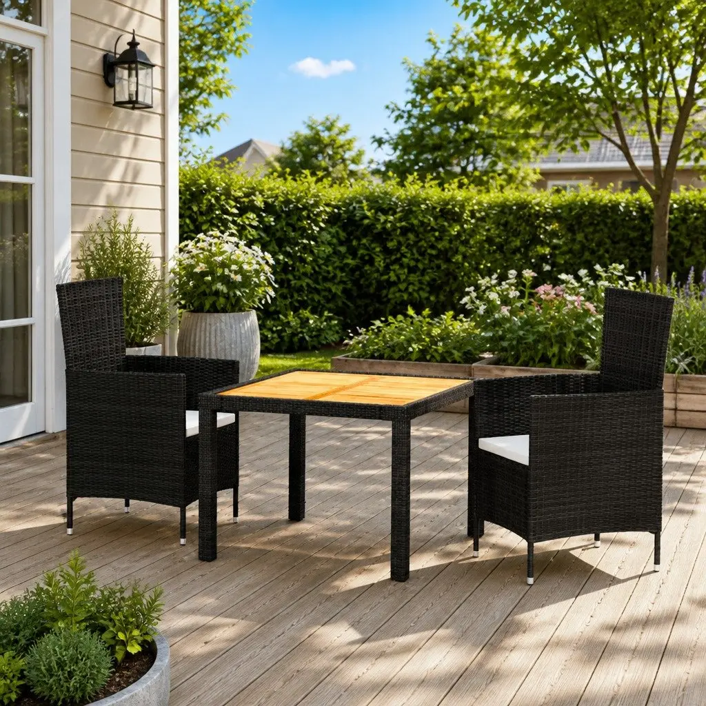 Outdoor Dining Set for Garden Patio 3 Piece Black Poly Rattan with Cushions