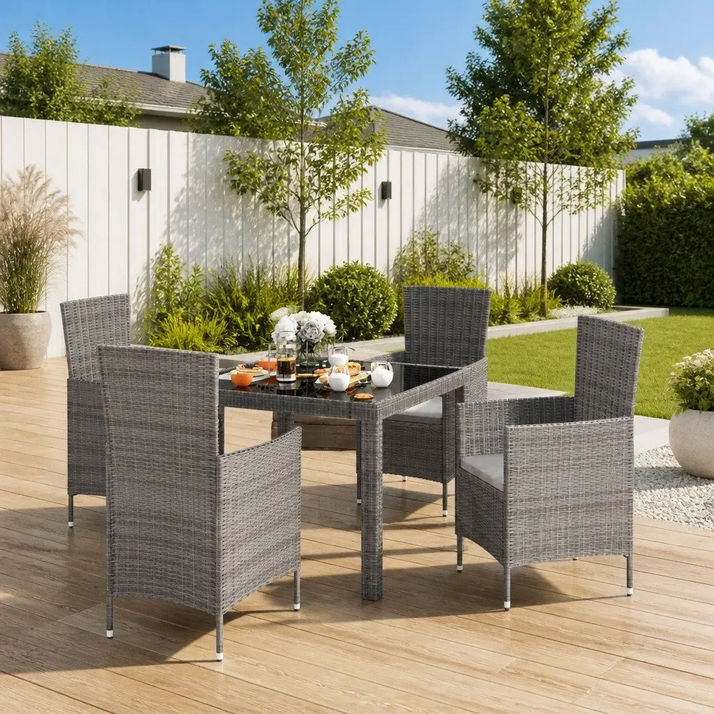 5 Piece Grey PE Rattan Outdoor Dining Set with Cushions for Garden Use Steel Frame