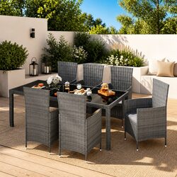 Outdoor Dining Set 7 Piece Garden Furniture Grey Poly Rattan with Cushions