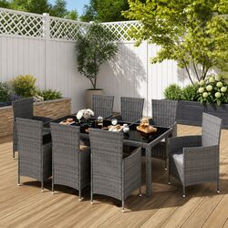 Outdoor Dining Set 9 Piece Grey Poly Rattan Garden Furniture with Cushions