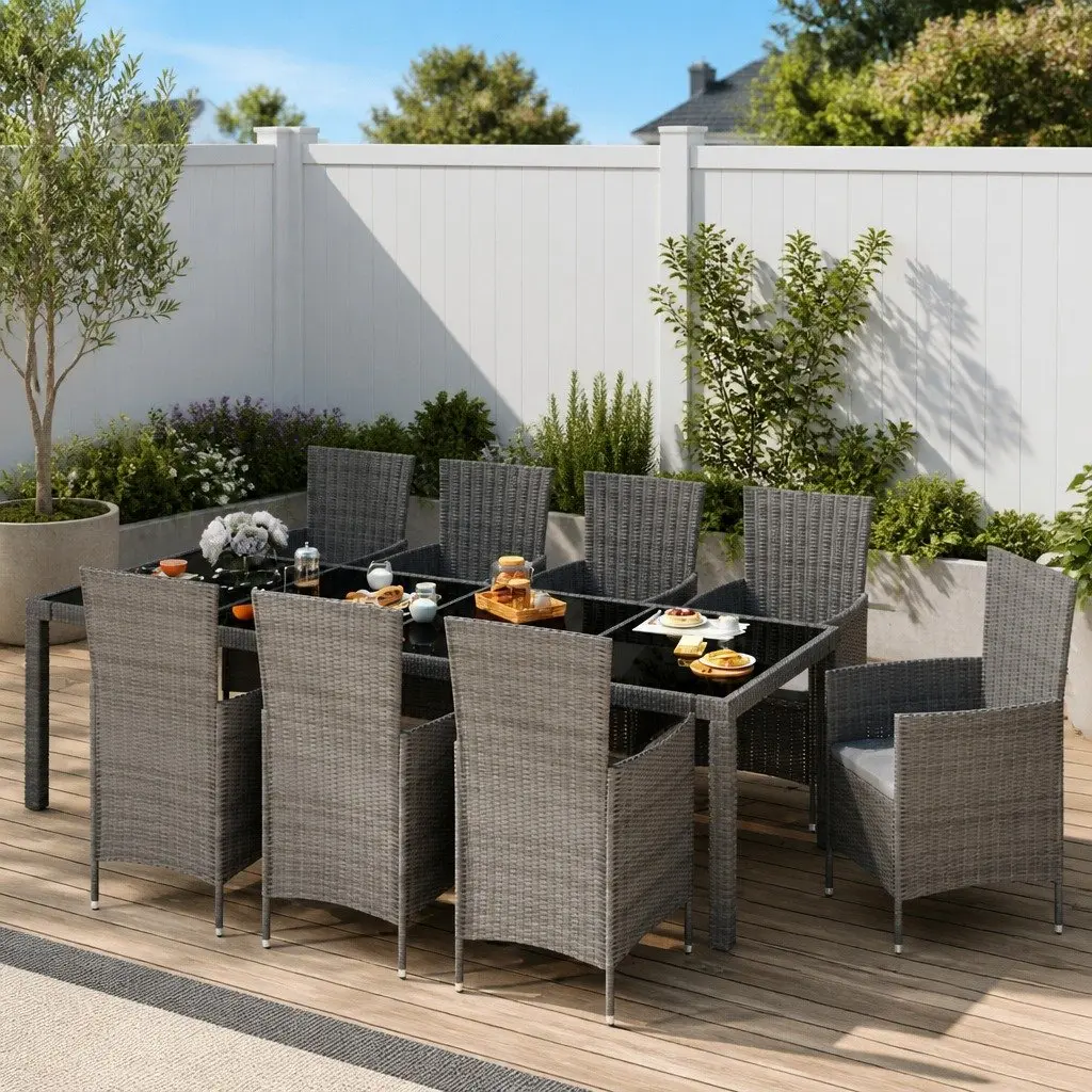 Outdoor Dining Set 9 Piece Grey Poly Rattan Patio Furniture Steel Frame