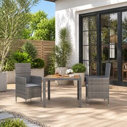 3-Piece Outdoor Dining Set: Grey Steel and Rattan, Cushions Included