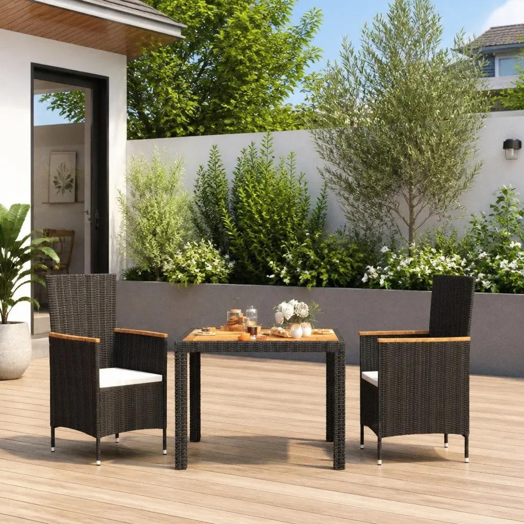 Outdoor Dining Set for Patio 3 Piece Black Poly Rattan Furniture with Cushions