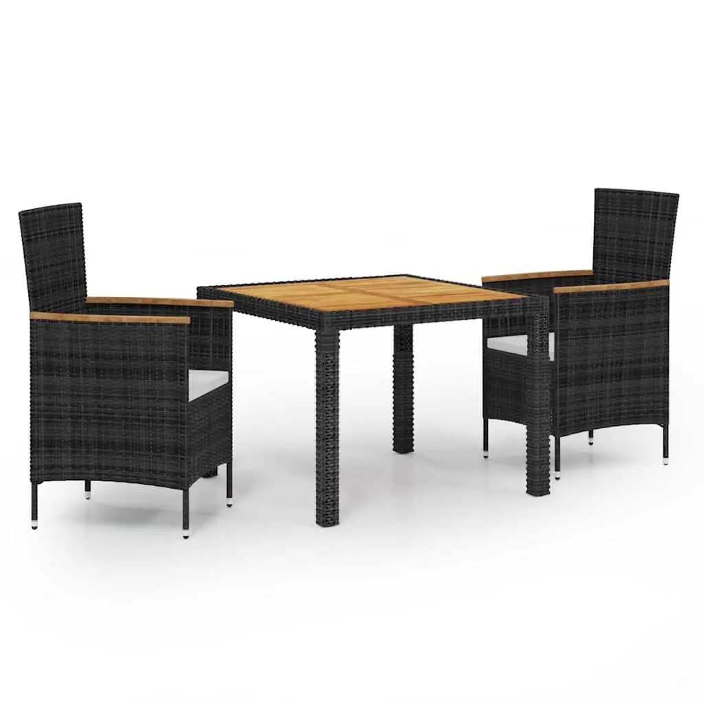 Outdoor Dining Set for Patio 3 Piece Black Poly Rattan Furniture with Cushions