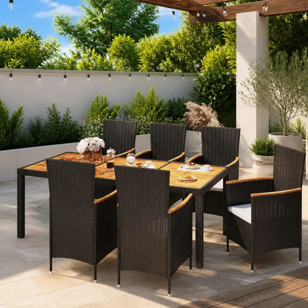 Outdoor Dining Set Garden Patio 7 Piece Black Rattan Furniture with Cushions