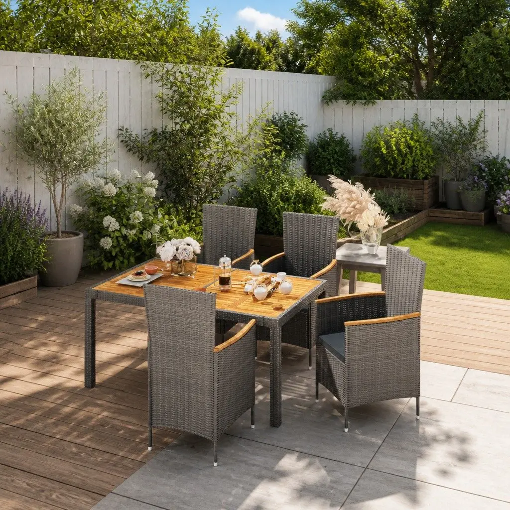 Grey Poly Rattan 5 Piece Outdoor Dining Furniture Set for Garden with Cushions