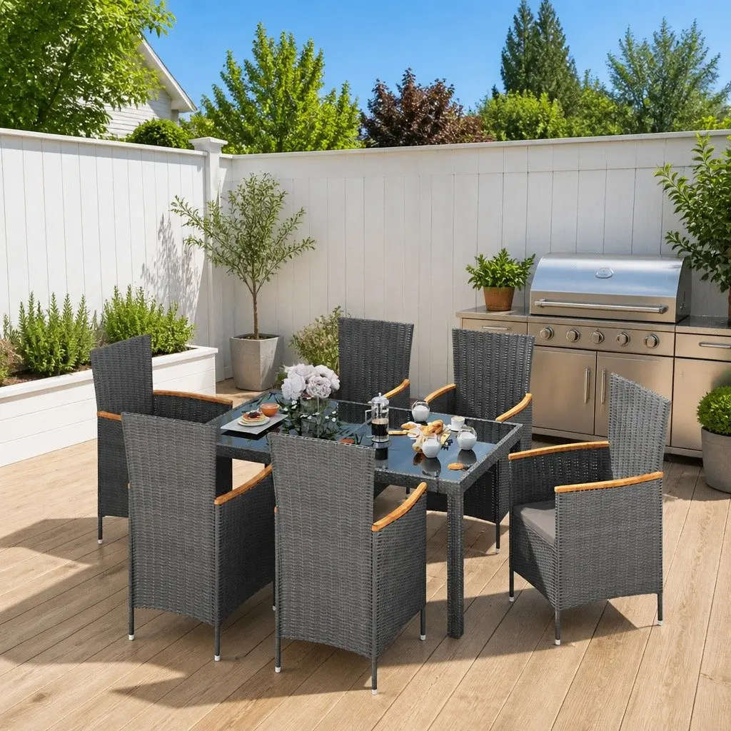 Outdoor Dining Set 7 Piece Garden Furniture Grey Poly Rattan for Patio