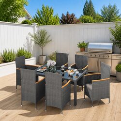 Outdoor Dining Set 7 Piece Garden Furniture Grey Poly Rattan with Cushions