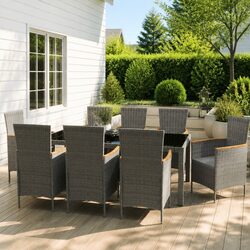 Outdoor Dining Set 9 Piece Garden Furniture Grey Poly Rattan with Cushions