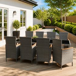 Outdoor Dining Set 9 Piece Garden Furniture Grey PE Rattan Steel Frame Cushions