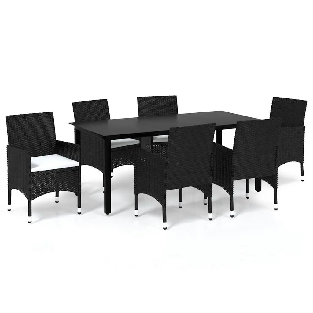 7 Piece Cushioned Outdoor Dining Set for Patio Garden with Black PE Rattan and Glass Top