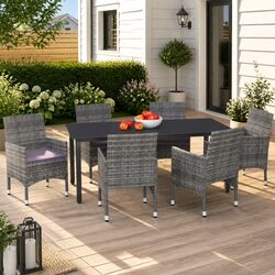 7 Piece Garden Dining Set - Grey Cushions, Steel Frame