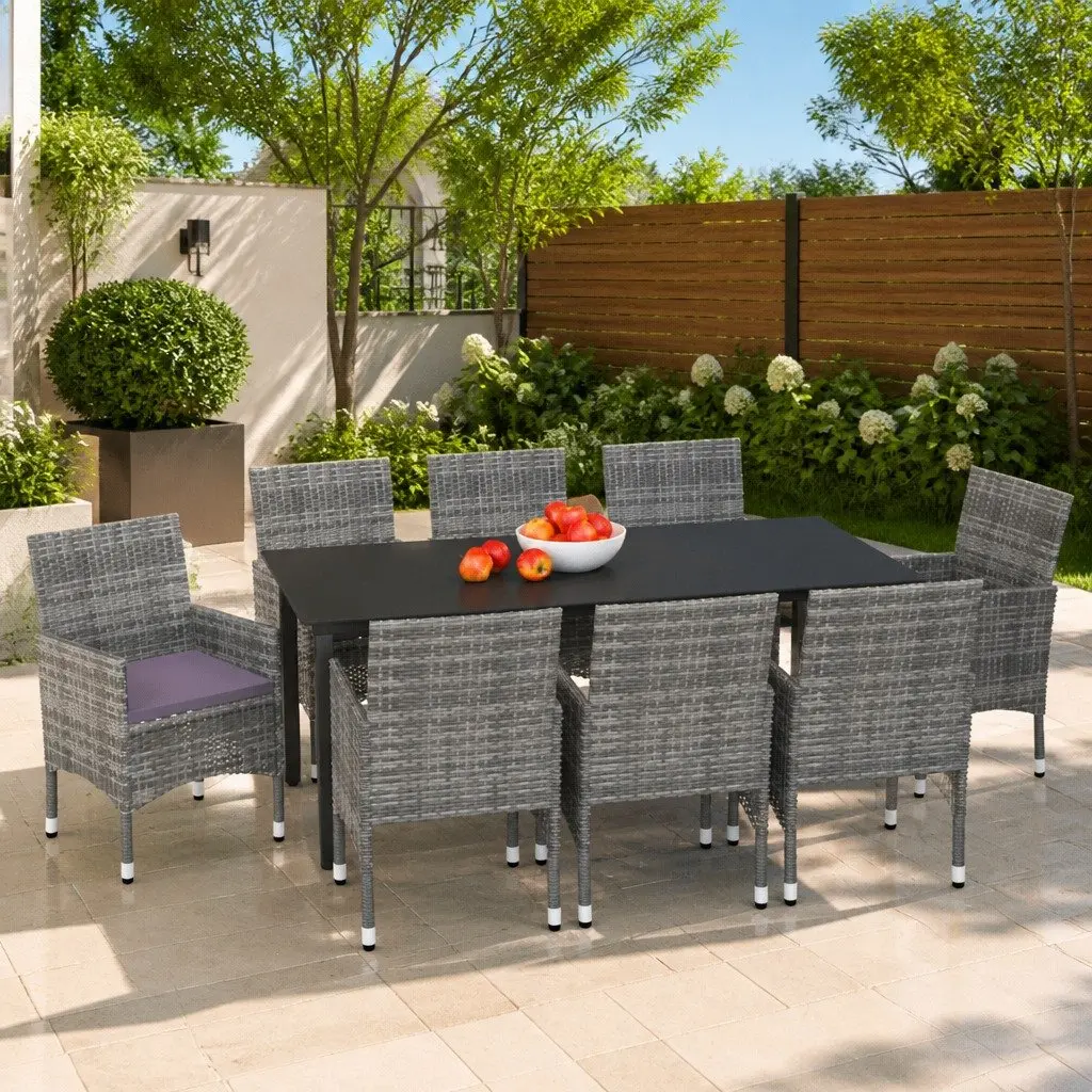 9PieceGreyPatioDiningSetOutdoorFurnitureWithCushionedChairsAndGlassTabletop