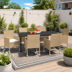 Garden Dining Set: 7 Pieces, Beige PE Rattan, Glass Table