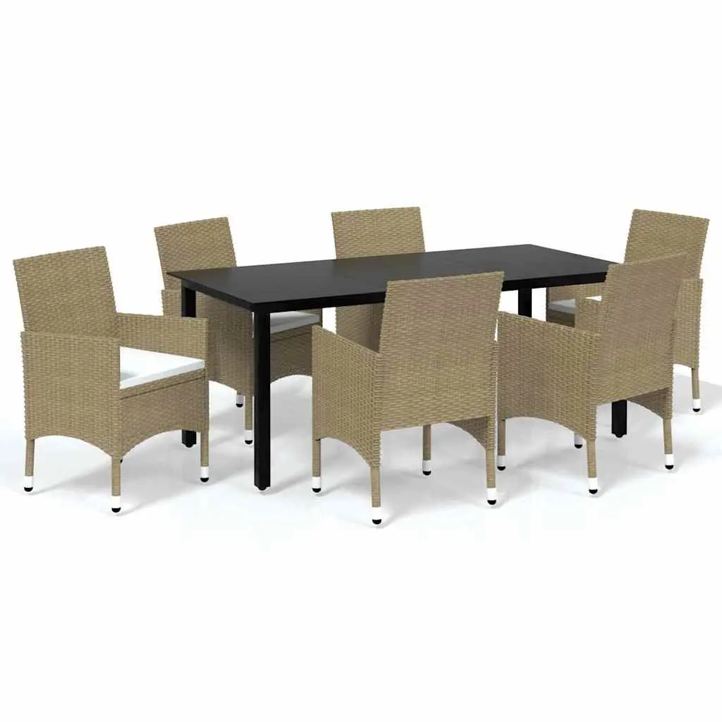 Garden Dining Set 7 Piece Outdoor Patio Furniture Beige PE Rattan Glass Table