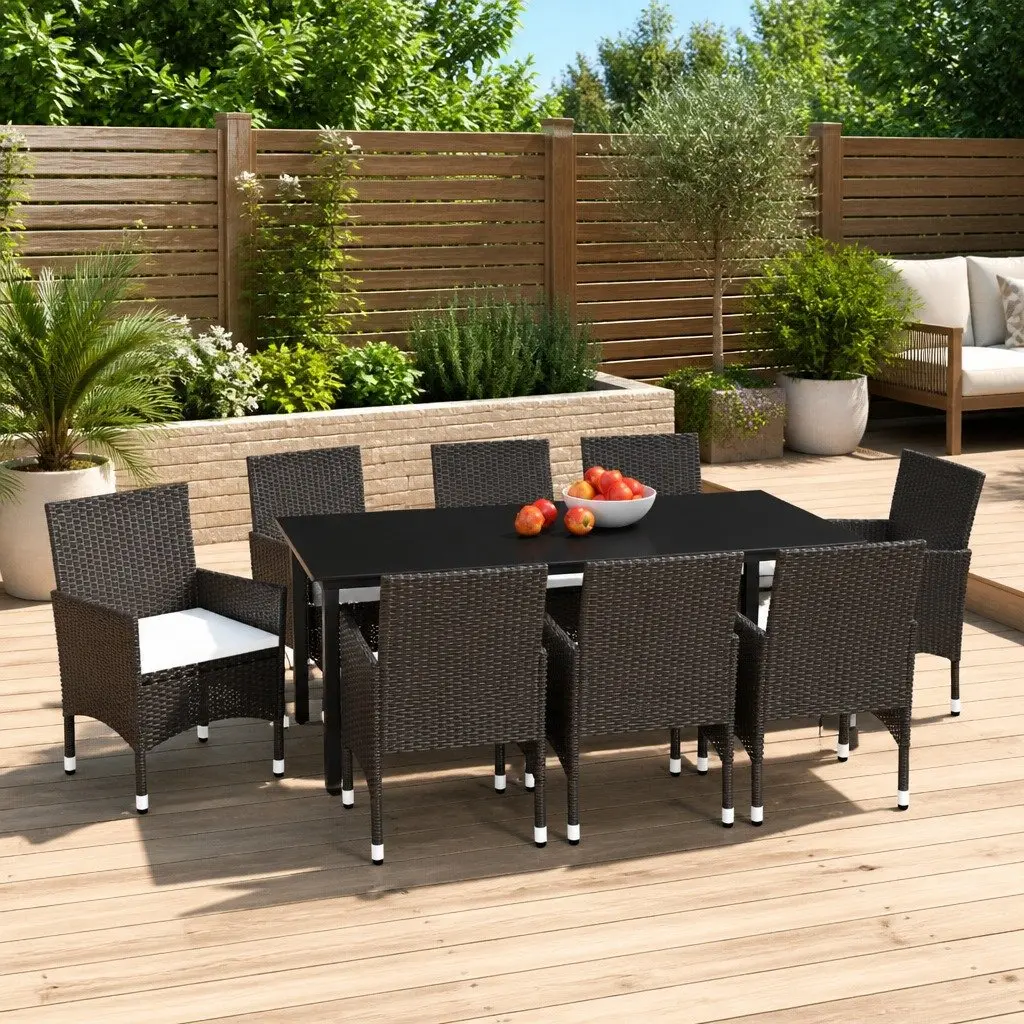 Garden Dining Set 9 Piece Outdoor Patio Furniture PE Rattan Brown with Cushions
