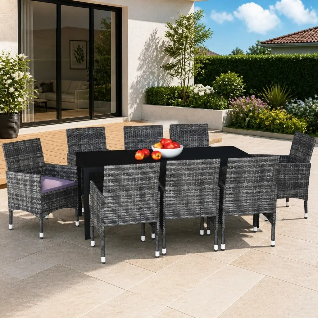 Outdoor Patio Furniture Dining Set 9 Piece Garden Use Grey Cushions Poly Rattan