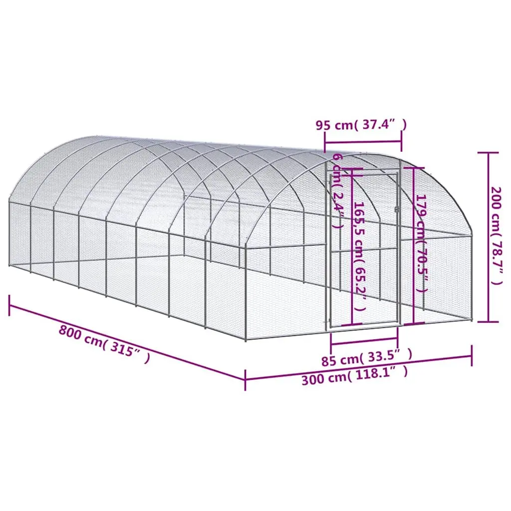 Outdoor Chicken Coop for Backyard Poultry 3x8x2m Galvanised Steel Enclosure Run Pen