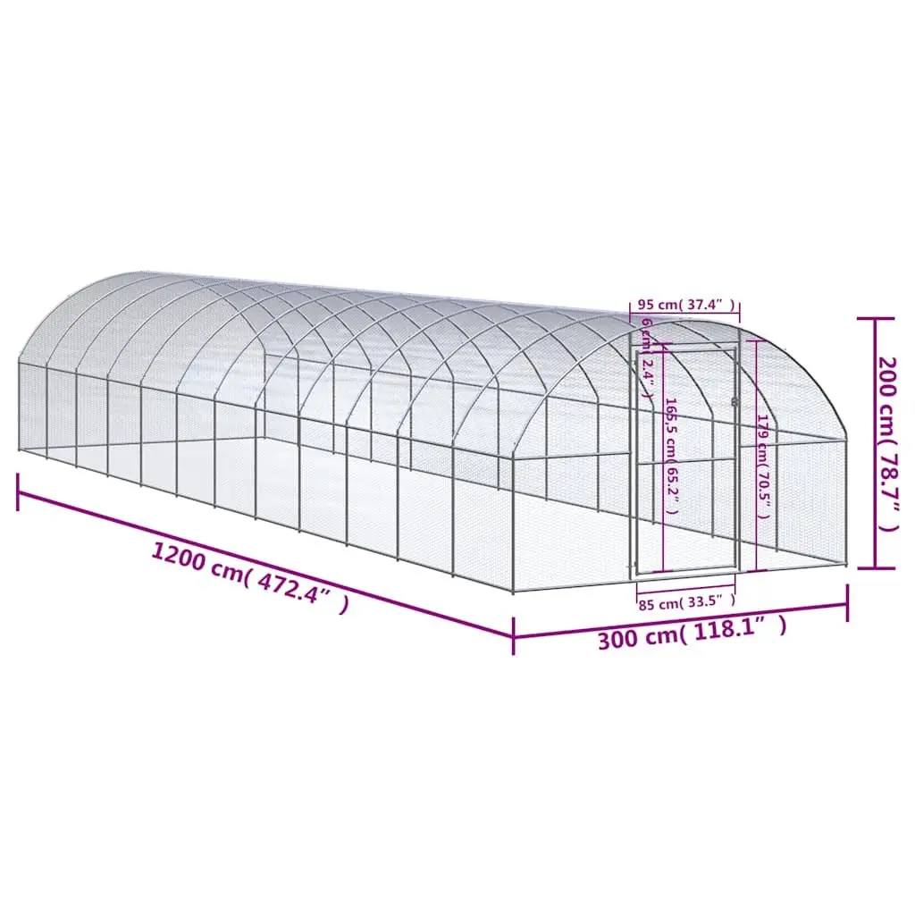 Chicken Coop Outdoor 3x12x2m Galvanised Steel Enclosure Run for Poultry Ducks Hens