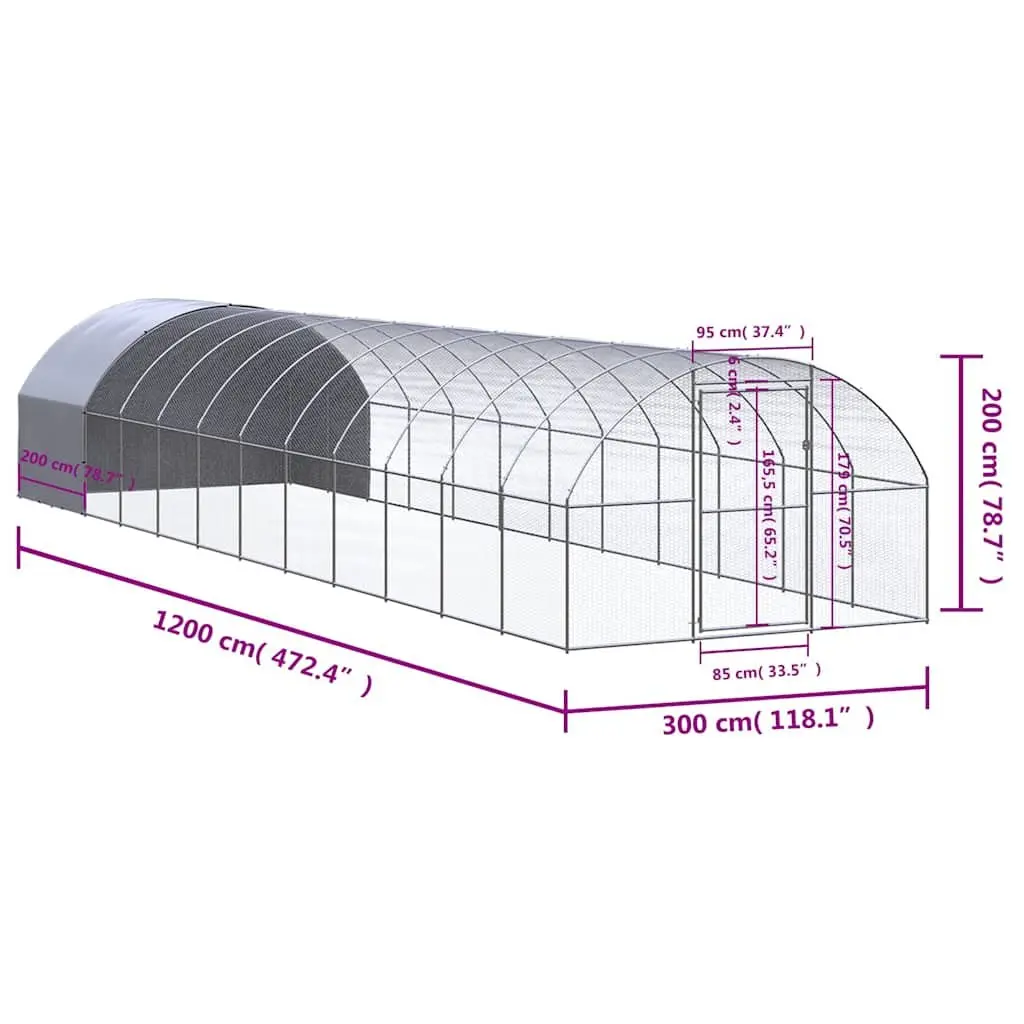 Outdoor Chicken Coop 3x12x2m Galvanised Steel Enclosure Run Poultry Duck House