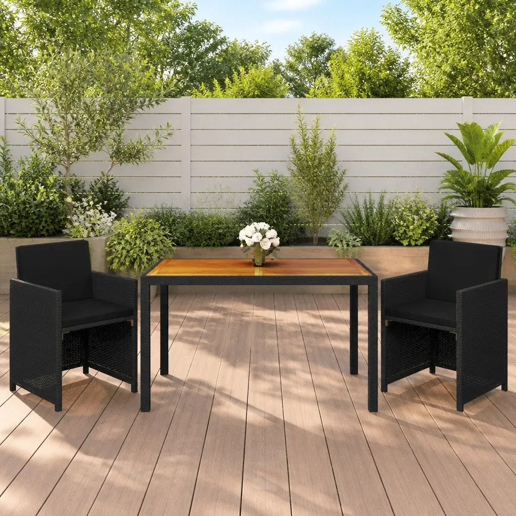 Garden Dining Set 3 Piece Outdoor Furniture Patio Use Black PE Rattan Chairs Table with Cushions