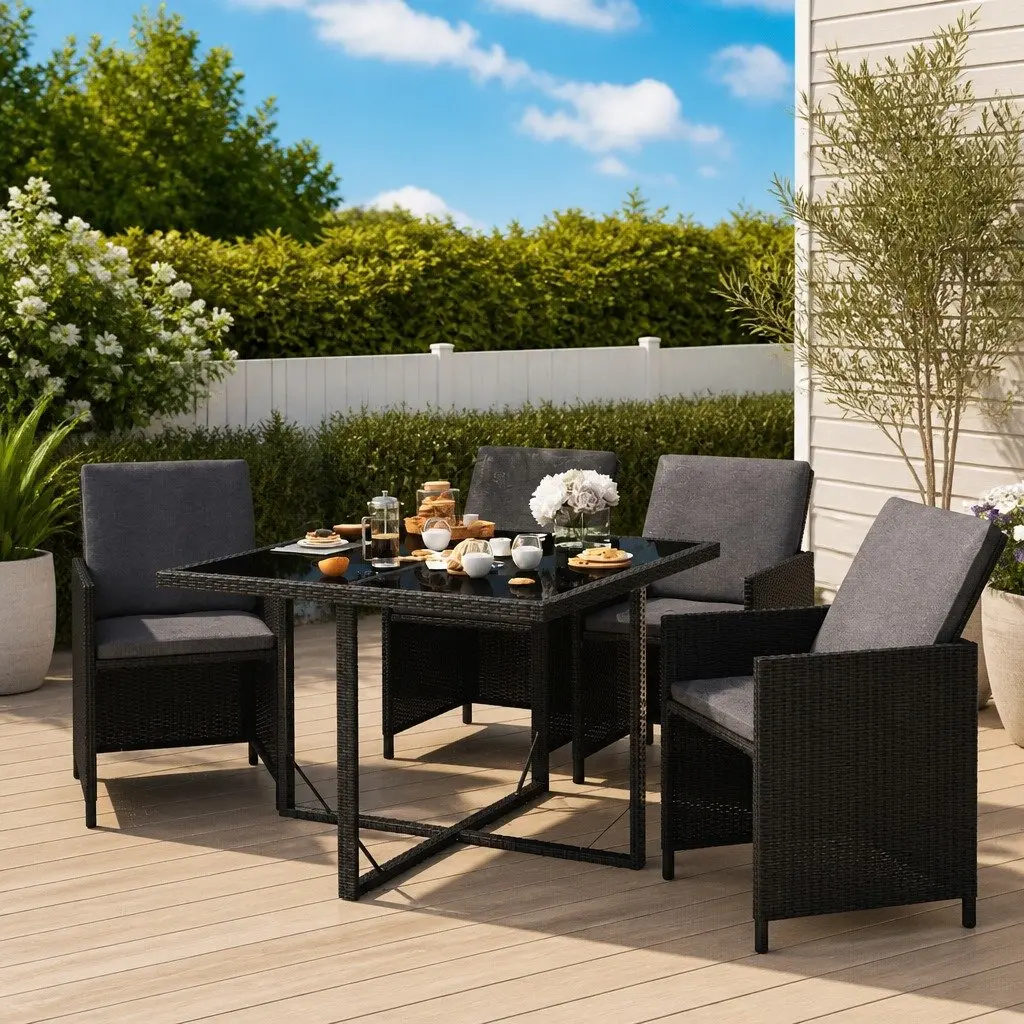 5 Piece Outdoor Dining Set Patio Furniture Black PE Rattan with Cushions
