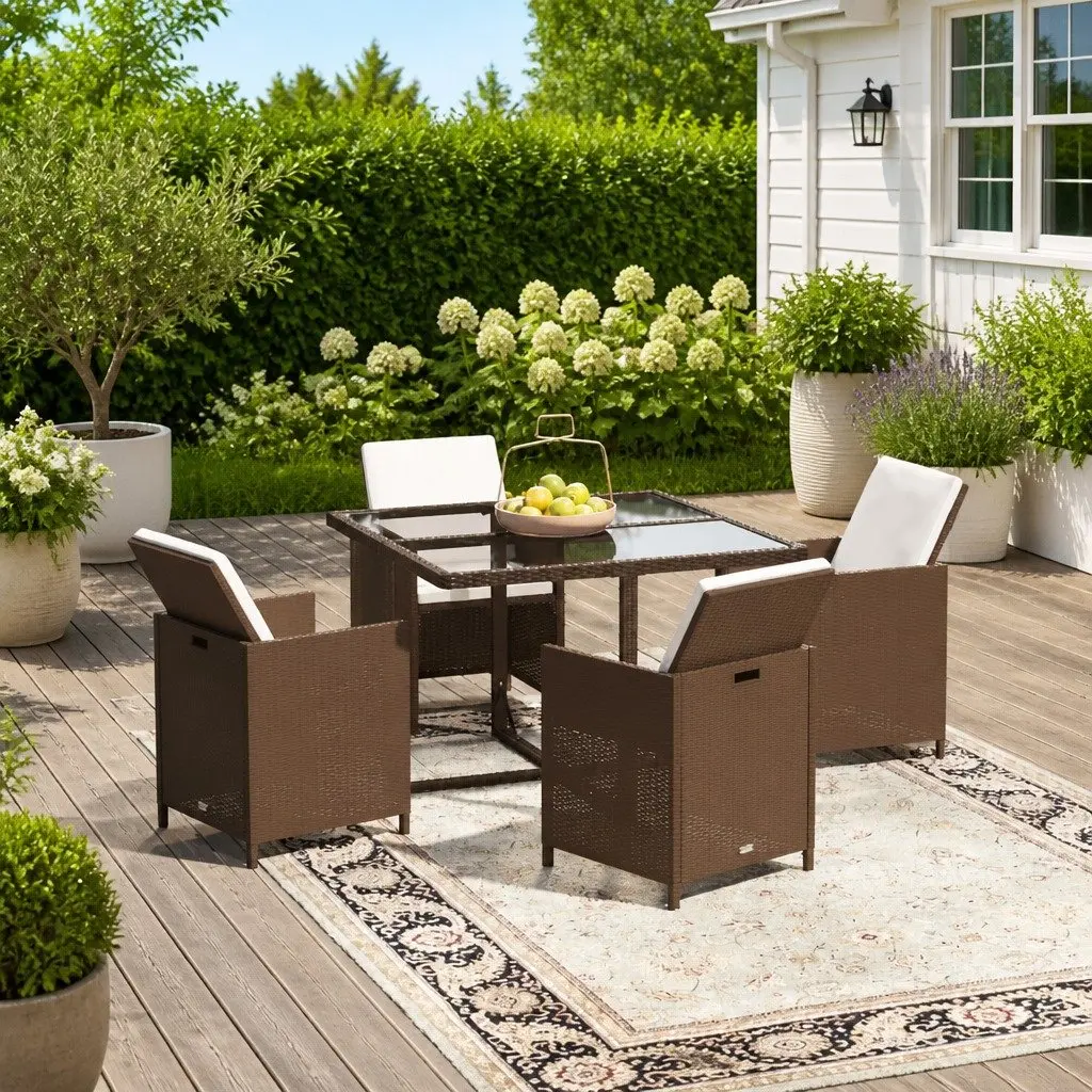 5 Piece Outdoor Garden Dining Set with Cushions for Patio Use in Brown PE Rattan