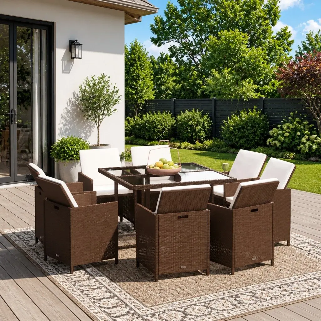 Garden Dining Set Outdoor Patio Furniture 9 Piece Brown PE Rattan with Cushions